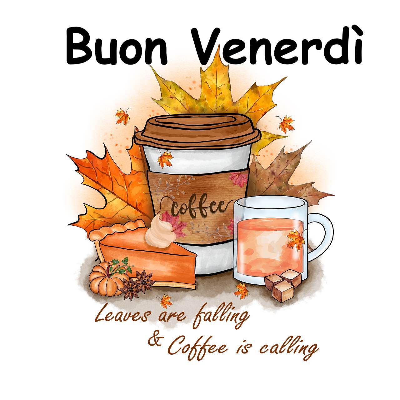  disegno con scritto in inglese le foglie stanno cadendo e il caffè sta chiamando  